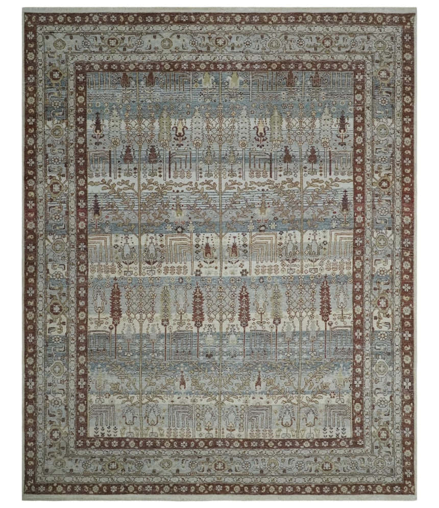 Distress Finish Tree of life Gray, Ivory, Brown and Olive Traditional Floral Hand knotted 8x10 wool Area Rug