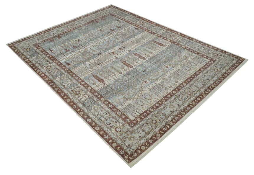 Distress Finish Tree of life Gray, Ivory, Brown and Olive Traditional Floral Hand knotted 8x10 wool Area Rug