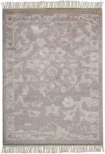 Handmade Nourison Elan Silver Vintage Area Rug with a subtle floral pattern and fringe. Gray wool rug with a textured look.