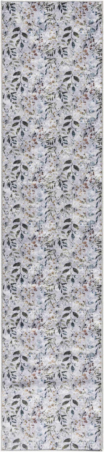 Close-up of the Nourison Grey Multicolor Contemporary Indoor Washable Area Rug with a botanical leaf and floral pattern.