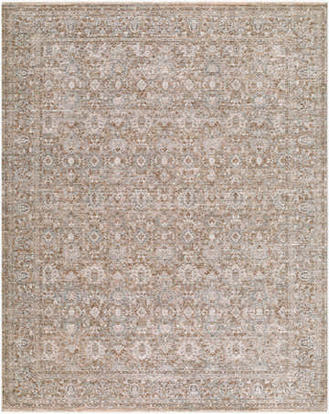 Close-up of Kikuko Goguku rug. Traditional design in beige, ivory, slate gray, and taupe. Machine woven polyester texture. Design-Rectangle-71010