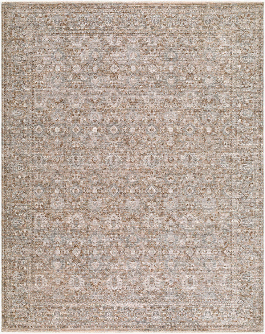 Close-up of Kikuko Goguku rug. Traditional design in beige, ivory, slate gray, and taupe. Machine woven polyester texture. Design-Rectangle-71010