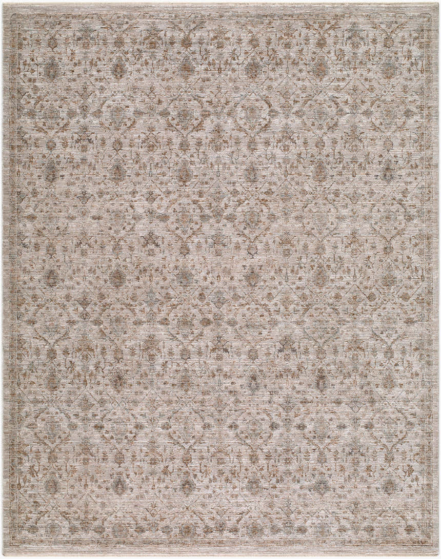 Close-up of Leedor Panoto Traditional Rug. Machine woven polyester in charcoal, ivory, sandstone, and taupe. Floral pattern. Design-Rectangle-71010