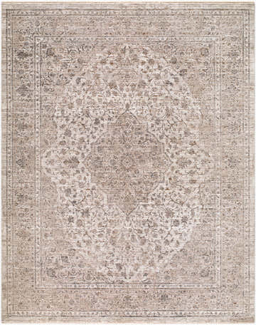 Close-up of the Lakyle Rofovy rug. Traditional floral pattern in beige, charcoal, ivory, and taupe. Machine woven texture. Design-Rectangle-71010