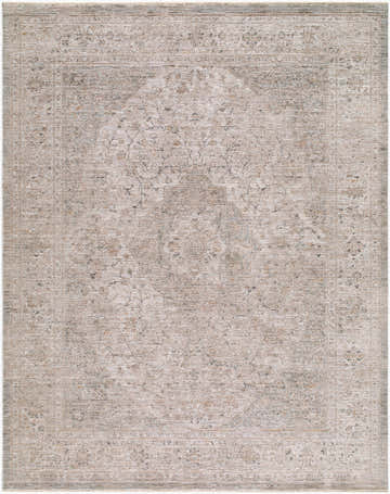 Close-up of the Lakyle Mecefo rug. Traditional design in charcoal, ivory, stone, tan, and taupe. Machine woven polyester. Design-Rectangle-71010