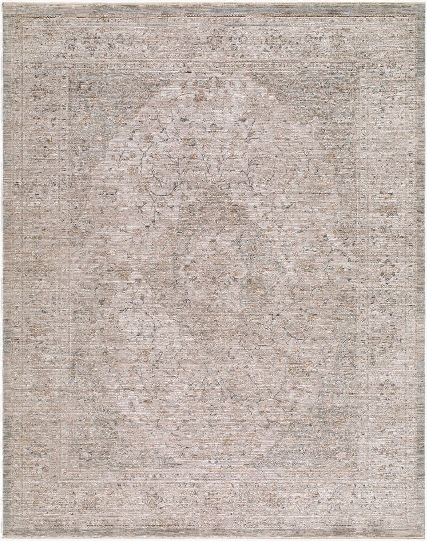 Close-up of the Lakyle Mecefo rug. Traditional design in charcoal, ivory, stone, tan, and taupe. Machine woven polyester. Design-Rectangle-71010