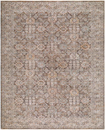 Close-up of the Kehepa Cofubu rug. Traditional floral pattern in blue, burnt sienna, ivory, stone gray, and taupe. Design-Rectangle-71010