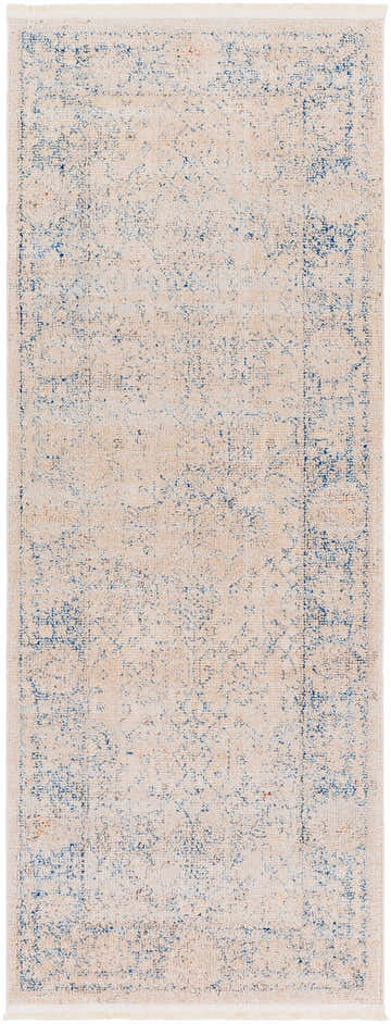 Close-up of the Dian Area Rug in light ivory with a faded dark blue traditional pattern and fringed edges. Design-Runner-2773