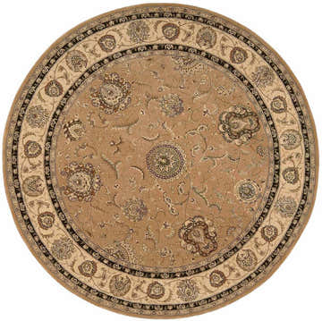 Round Nourison 2000 Camel Persian rug. Handmade wool rug with floral and vine pattern in camel, beige, and brown tones.