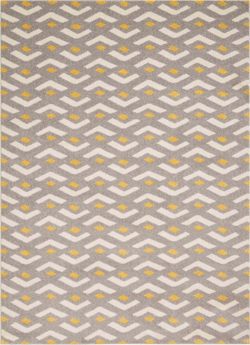 Close-up of Nourison Harper Grey Colorful rug featuring a geometric chevron pattern with gray, white, and yellow.