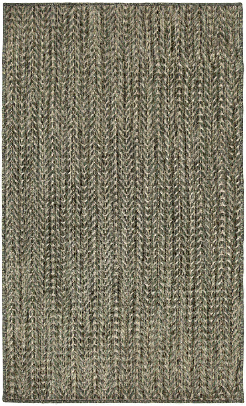 Close-up of the green Nourison Horizon rug. Features a subtle chevron pattern and woven texture.