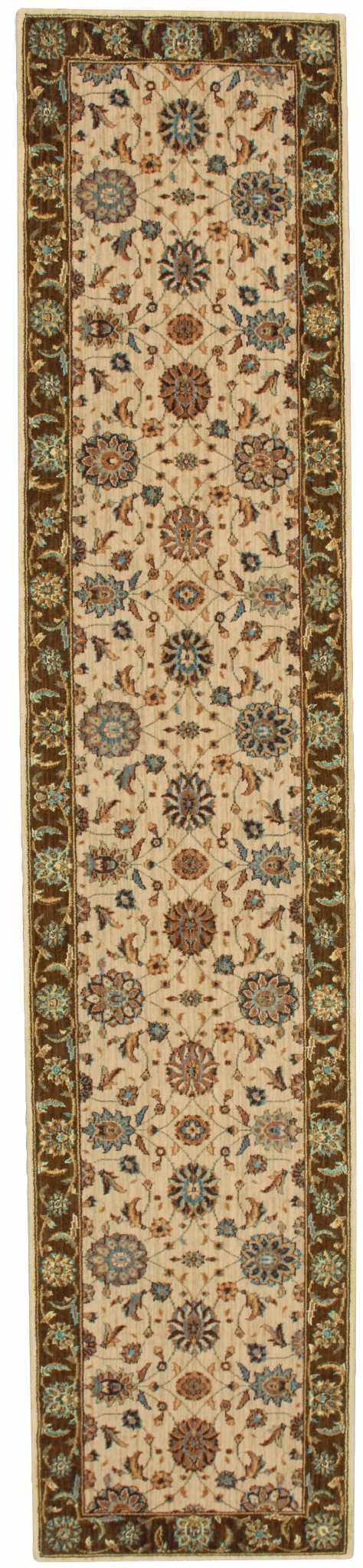 Close-up of Nourison Living Treasures Beige Traditional Area Rug runner with floral pattern and brown border.