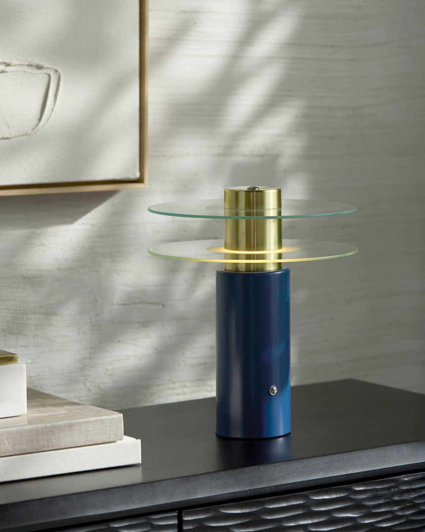 Rich Aqua Blue Modern Table Lamp with glass details for bedside or console tables
