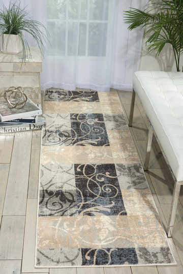 Entryway with Nourison Maxell Multicolor Contemporary runner rug, white bench, and sheer curtains.