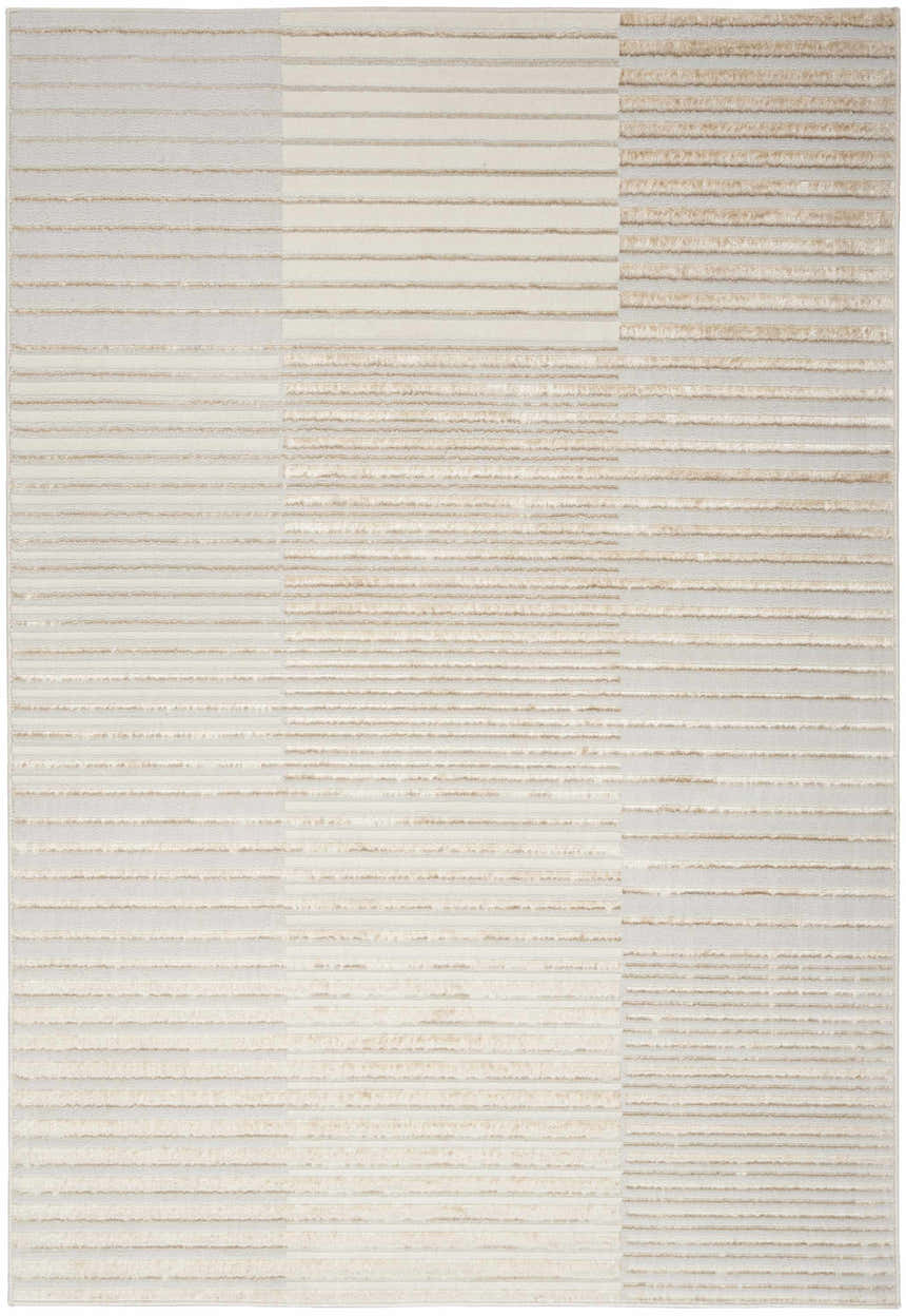 Close-up of the Nourison Splash Beige Silver rug, showcasing its modern stripe design and subtle color variations.