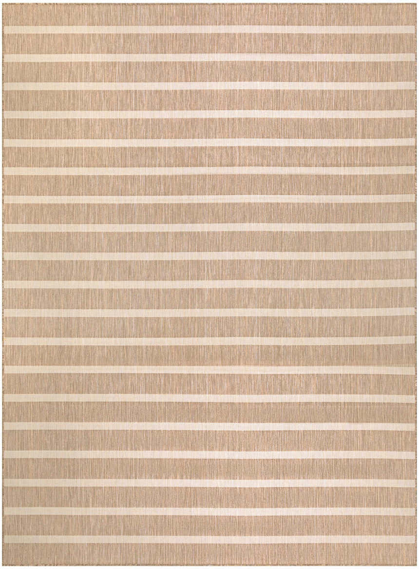 Close-up of the Nourison Positano Beige Ivory rug showing the chestnut and ivory horizontal stripe pattern.