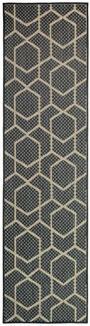 Close-up of the Nourison Horizon Indoor/Outdoor Charcoal Modern Area Rug featuring a geometric taupe pattern on a charcoal background.
