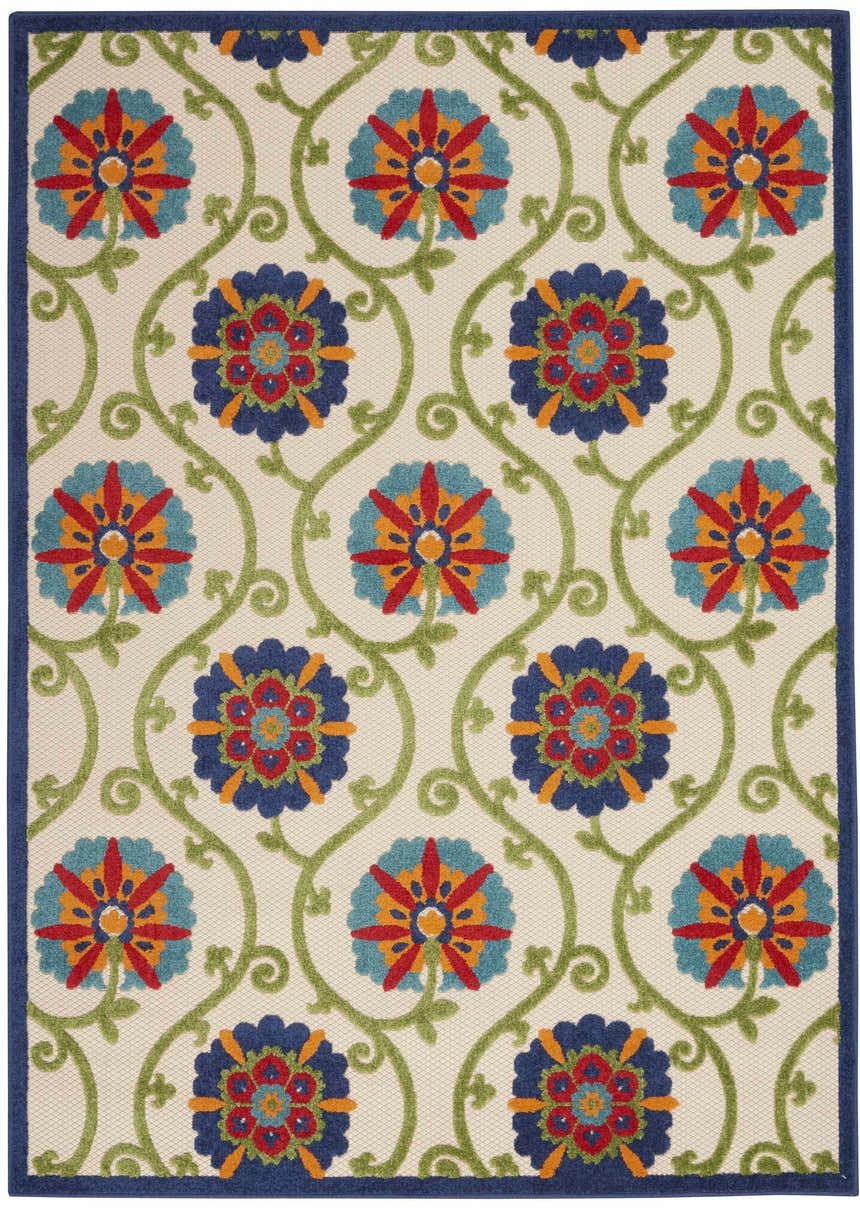Close-up of Nourison Aloha Blue Multicolor rug. Floral pattern in blue, red, orange, and green on a light background.