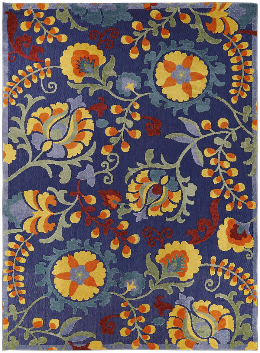 Close-up of Nourison Aloha Navy Multicolor rug. Floral pattern in yellow, orange, green, and red on a navy blue background.