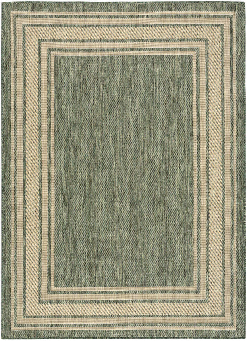 Close-up of the Nourison Horizon Indoor/Outdoor Green Modern Area Rug featuring a striped border.