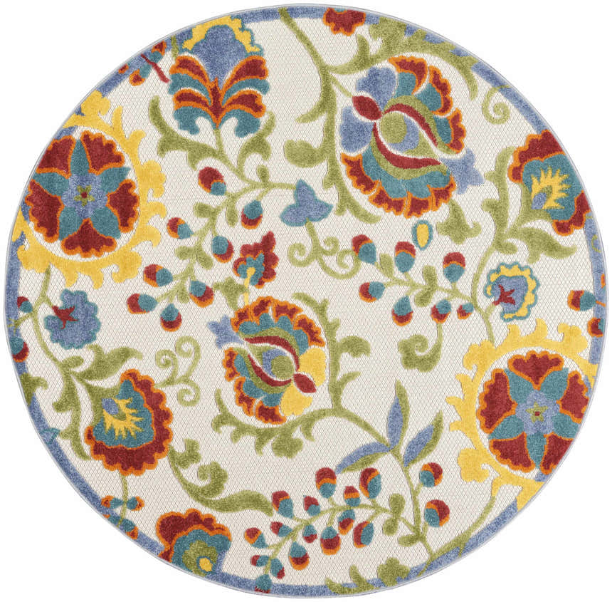Close-up of round Nourison Aloha Ivory Multicolor rug with chestnut, teal, yellow, and green floral farmhouse design.