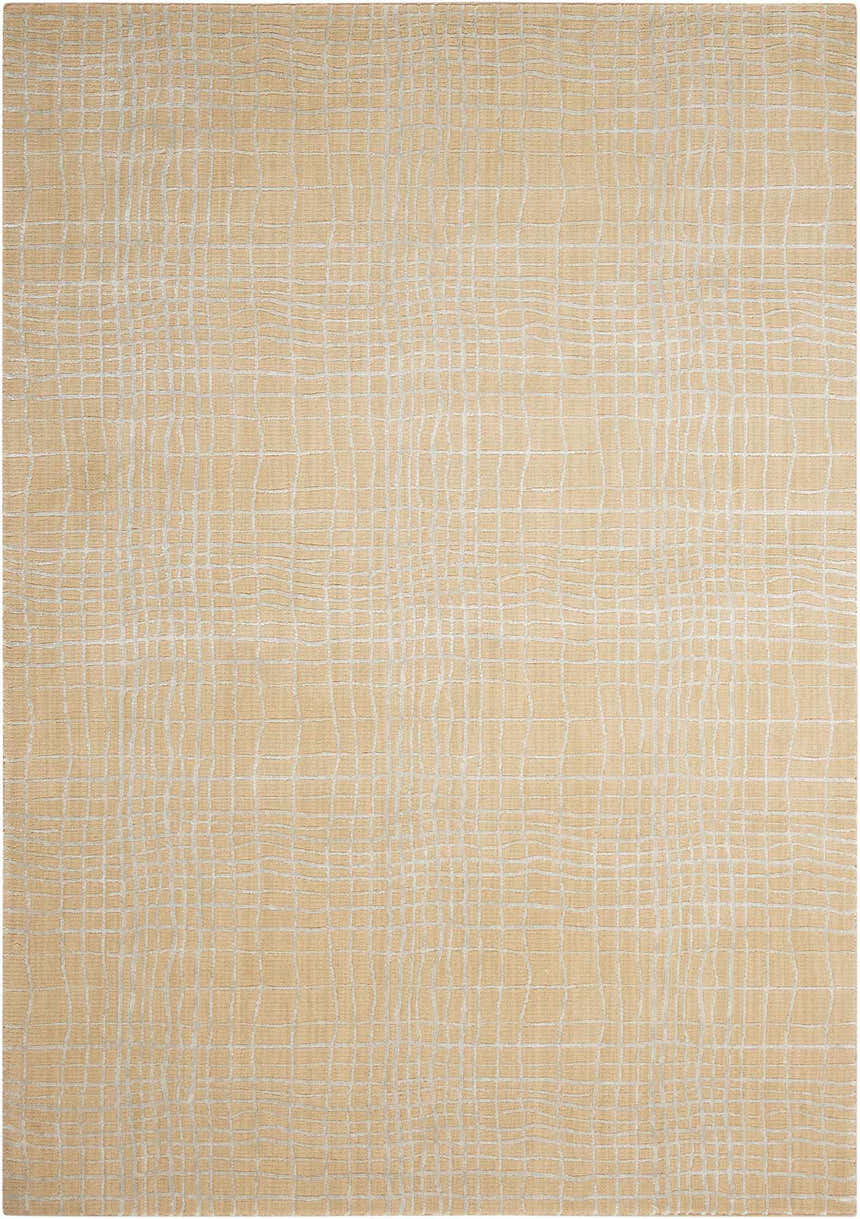 Close-up of the Nourison Nepal Manilla Vintage rug, featuring a grid pattern in manilla and ivory hues. Wool texture.