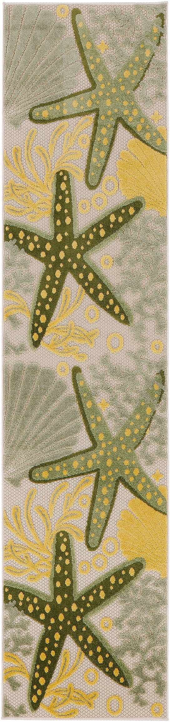 Close-up of the Nourison Aloha Green Yellow Outdoor Area Rug, featuring starfish and coral design.