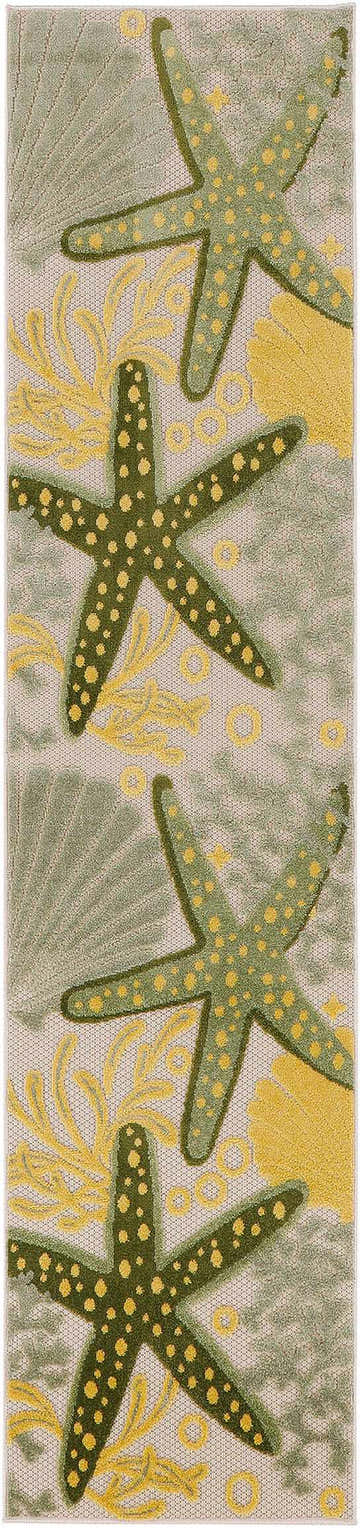 Close-up of the Nourison Aloha Green Yellow Outdoor Area Rug, featuring starfish and coral design.