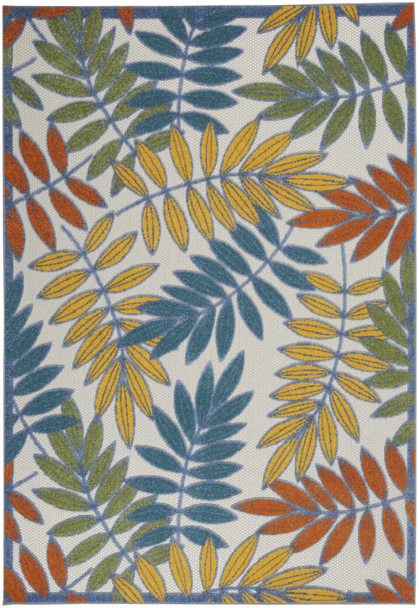 Close-up of Nourison Aloha Ivory Multicolor Tropical Area Rug with chestnut, yellow, green, and blue leaves.