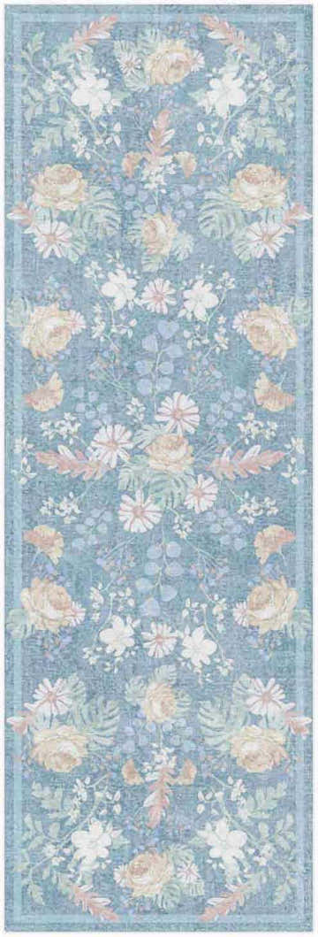 Close-up of Nourison Botanical Blue Multicolor rug featuring a floral farmhouse pattern with roses and leaves.