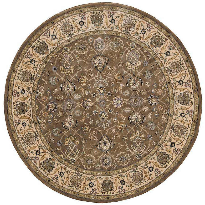 Close-up of the round Nourison 2000 Mushroom rug. Traditional floral pattern in mushroom, beige, and brown tones.