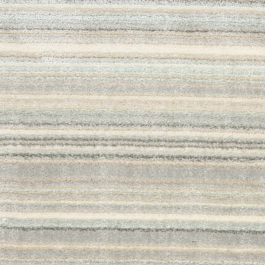 Close-up of Nourison Marmara rug with horizontal stripes in grey, ivory, teal, and chestnut. Contemporary style.