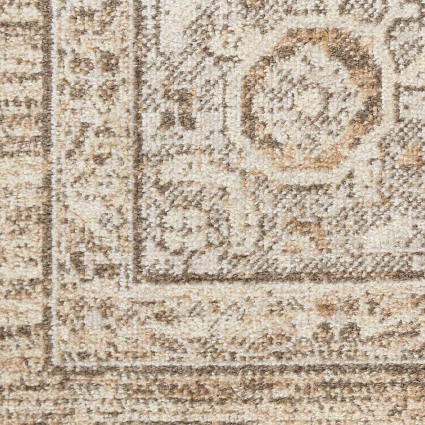 Close-up of the Nourison Astra Beige Vintage Rug. Machine-made with a detailed, ornate pattern and soft, neutral colors.