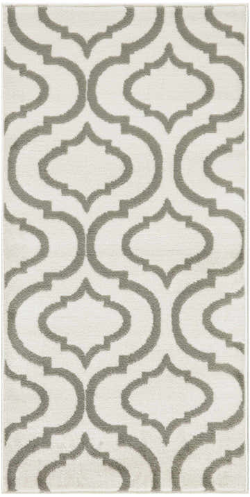 Close-up of Nourison Jubilant Ivory Green rug, featuring a gray trellis pattern on an ivory, textured polypropylene base.