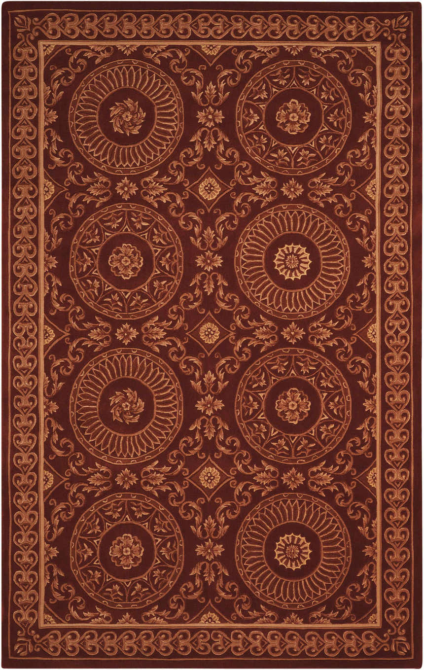 Close-up of the Nourison Versailles Palace Brick Indoor Area Rug, featuring a floral medallion pattern and brick red color.
