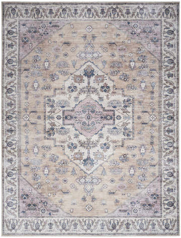 Close-up of the Nourison Grand Beige Multicolor Vintage Rug. Features a traditional floral pattern and ornate border.