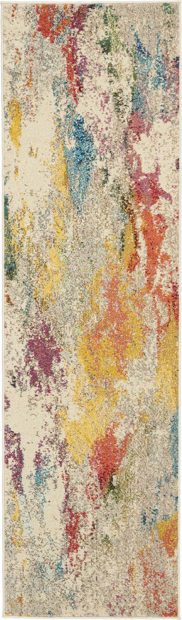 Close up of Nourison Celestial Ivory Multicolor rug. Abstract design with chestnut, yellow, blue, and purple tones.