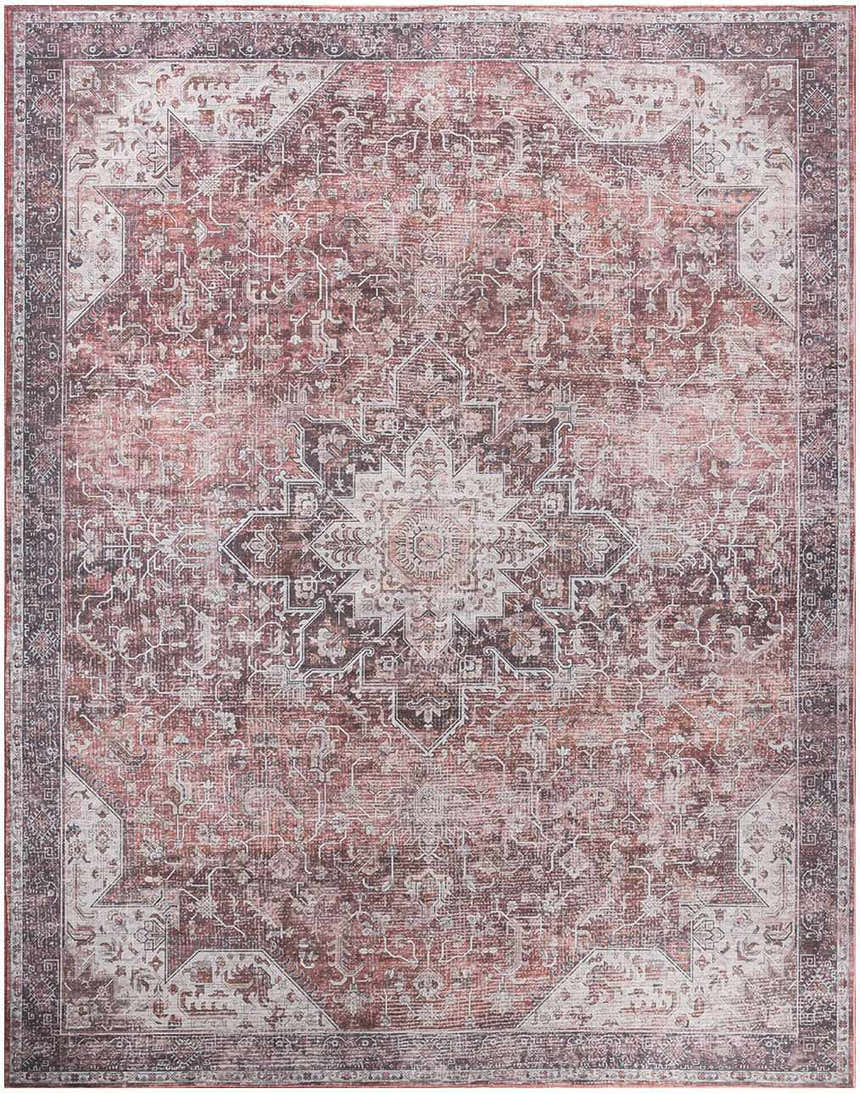 Detailed view of the Nourison Red Vintage Indoor Washable Area Rug, featuring a traditional, faded medallion pattern.