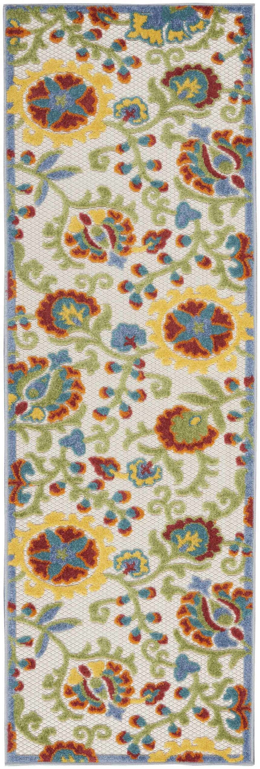 Close-up of the Nourison Aloha Ivory Multicolor rug. Features chestnut, yellow, blue, and green floral farmhouse design.