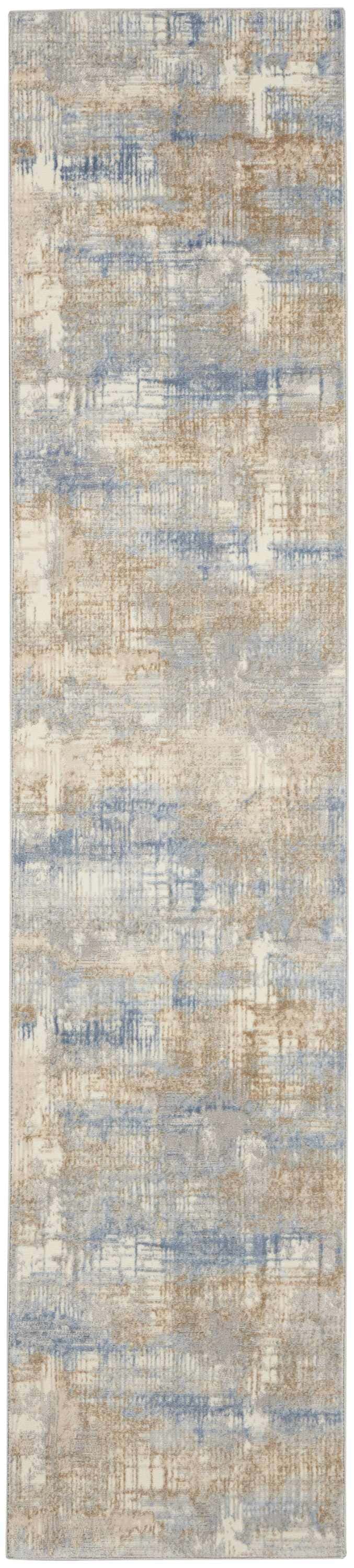 Close-up of the Calvin Klein CK950 Rush Blue Beige rug. Abstract, high pile rug with blue, beige, and ivory tones.