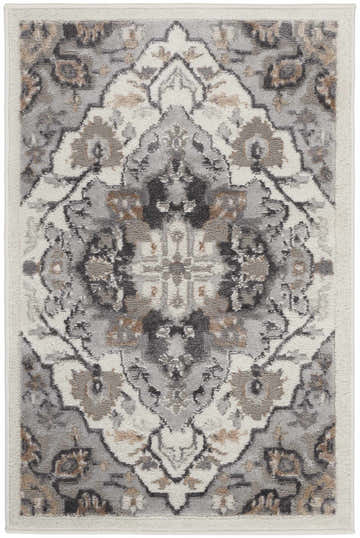 Close-up of a Nourison Elation Ivory Grey rug. Transitional design with chestnut accents, high pile texture, machine made.