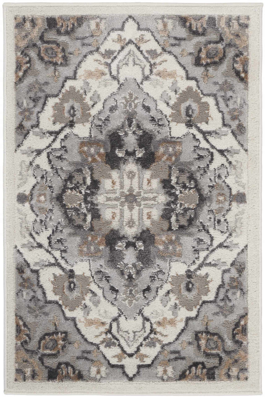 Close-up of a Nourison Elation Ivory Grey rug. Transitional design with chestnut accents, high pile texture, machine made.
