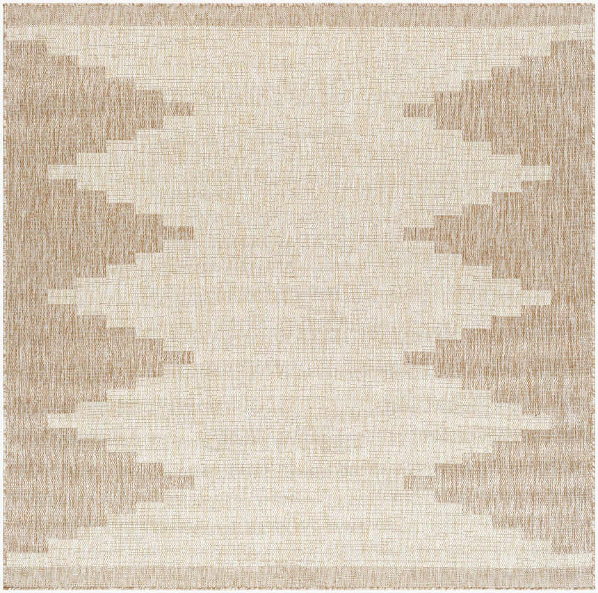Close-up of the Djugun Beige Indoor & Outdoor Rug, featuring a geometric, Southwestern-inspired pattern in beige and bone hues. Design-Square-67