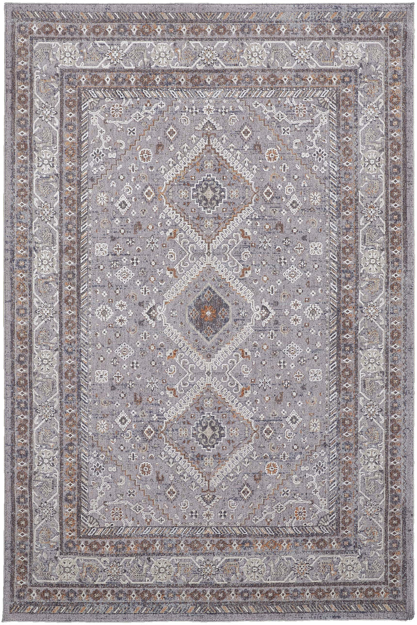 Detailed Feizy Francisco rug with a gray, ivory, and orange transitional medallion pattern. Design-Rectangle