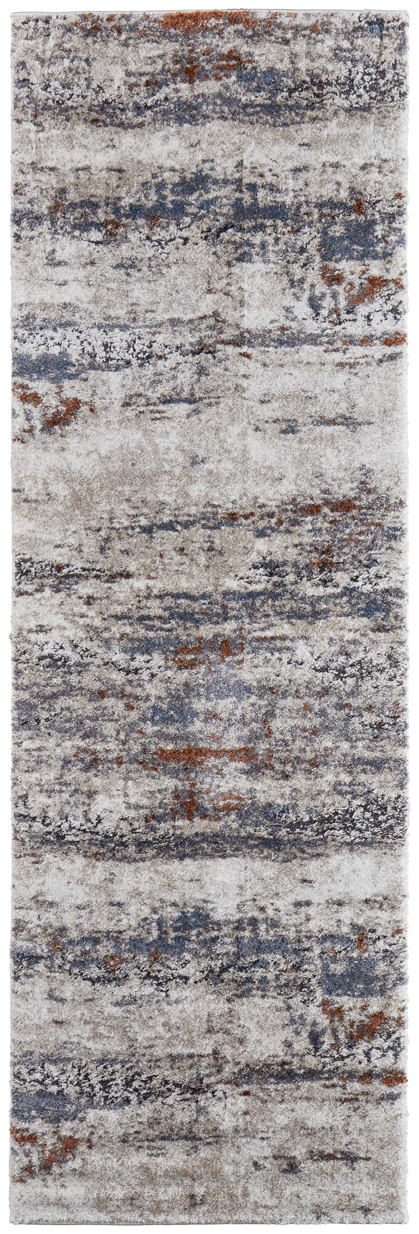Close-up of Feizy Gilmore Ivory/Blue/Gray Area Rug. Abstract design with blue, gray, ivory, and rust hues. Design-Runner