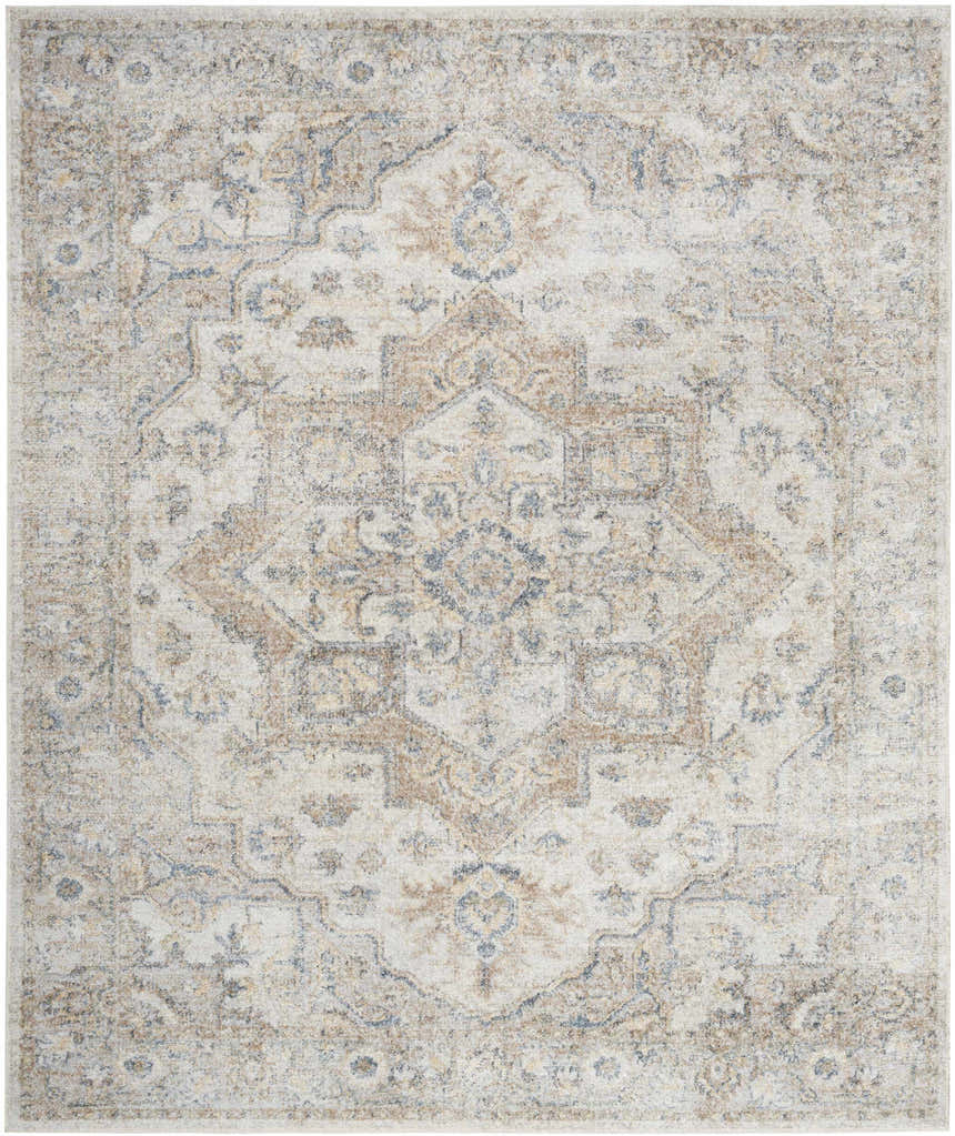 Close-up of Nourison Astra Silver Grey Vintage Rug, showcasing its traditional medallion pattern and soft, neutral colors.