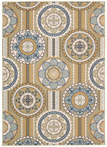 Close-up of the Nourison Caribbean Yellow rug featuring a contemporary floral medallion and striped pattern.