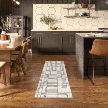Dining room and kitchen with Nourison Nordic Ivory Multicolor Mid-Century Modern runner rug on wood floor.