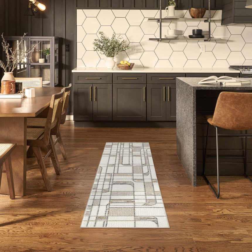 Dining room and kitchen with Nourison Nordic Ivory Multicolor Mid-Century Modern runner rug on wood floor.