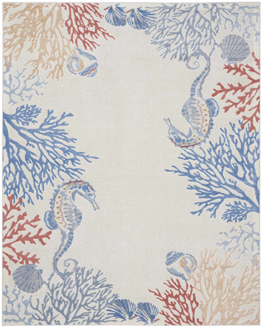 Close-up of Nourison Seaside Ivory Multicolor rug. Features seahorses, coral, and seashells on an ivory background. Coastal style.